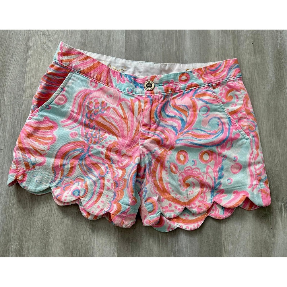 Lilly Pulitzer Buttercup Stretch‎ Shorts Womens 00 Pink Blue Scalloped Excellent